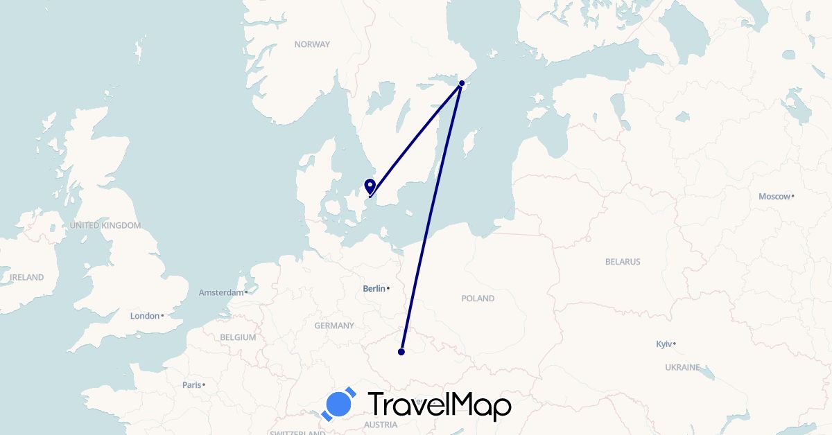 TravelMap itinerary: driving in Czech Republic, Denmark, Sweden (Europe)